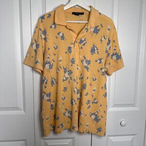 French Connection Yellow Blue Flowery Mens Polo Shirt Size L 100% Cotton